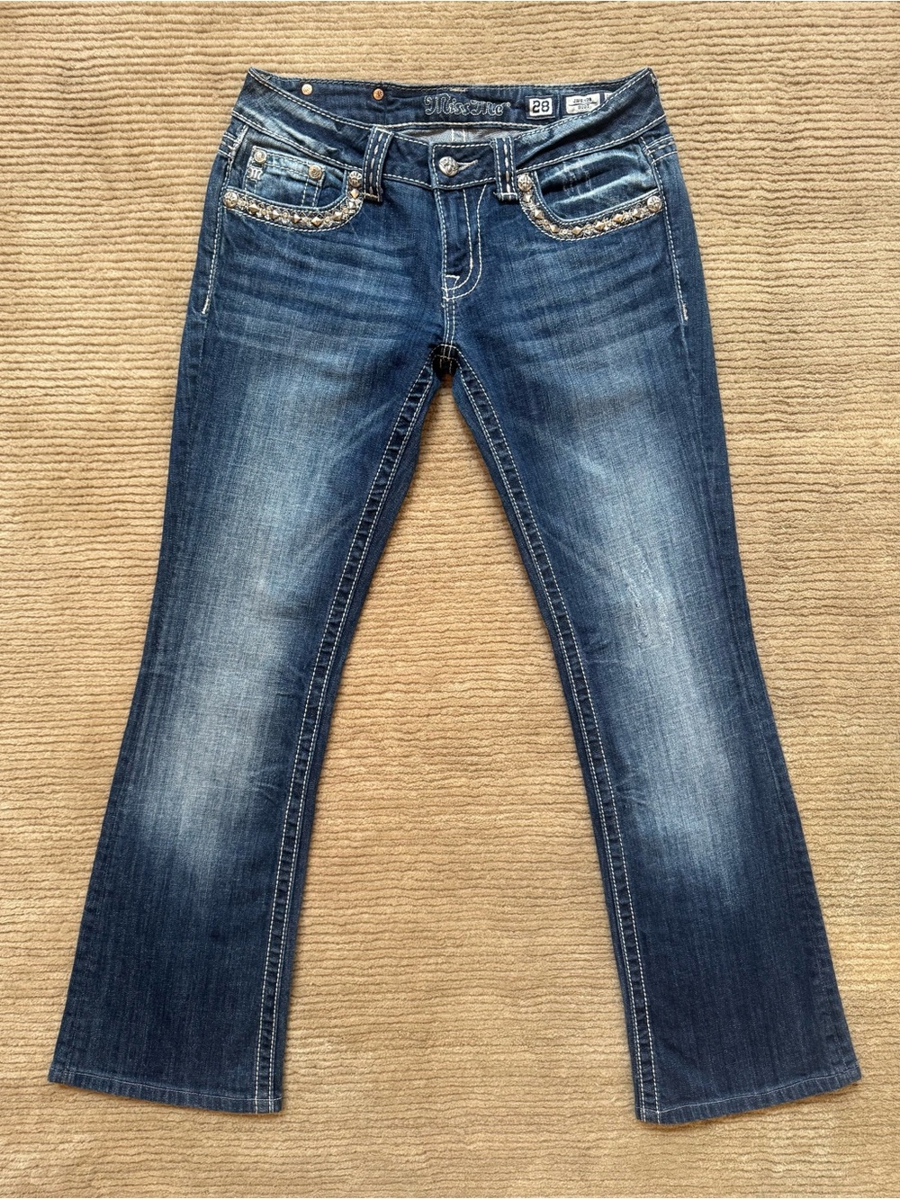 Miss Me Women’s Bootcut Dark Wash Blue Low Rise Studded Jeans Size 28 Flared Y2K